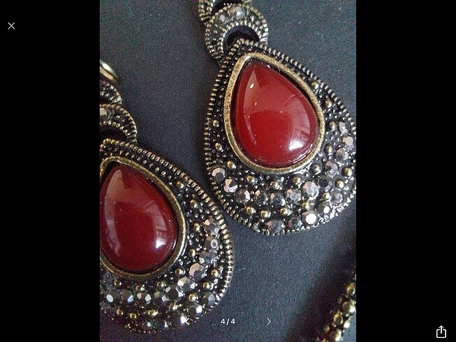 American Vintage Kırmızı taşlı markazit kolye küpe set