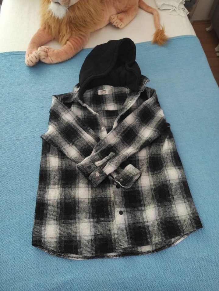 Kapüşonlu Gri Ekose erkek cocuk Gömlek - Görsel 2