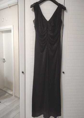 Drapeli V Yakalı Siyah Uzun Abiye Elbise - Görsel 3