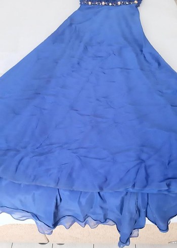 Mavi Fırfırlı Uzun Abiye Elbise özel tasarım - Görsel 3
