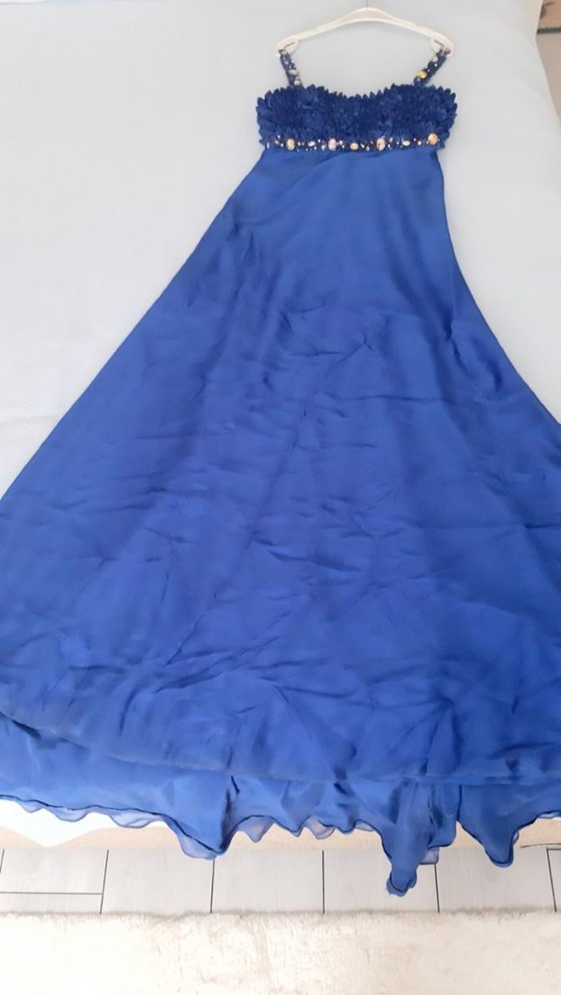 Mavi Fırfırlı Uzun Abiye Elbise özel tasarım - Görsel 4