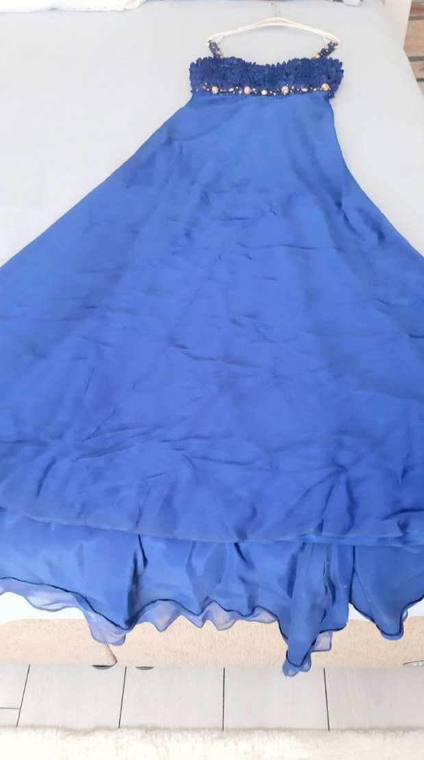 Mavi Fırfırlı Uzun Abiye Elbise özel tasarım - Görsel 3