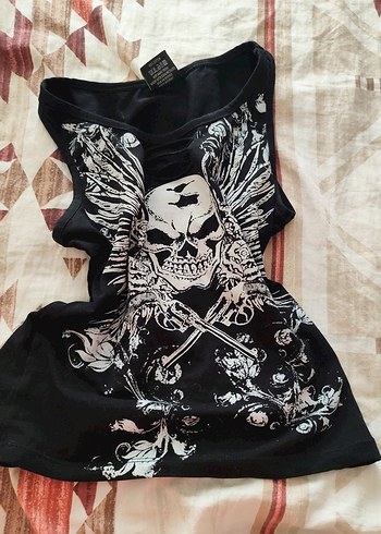 Siyah Gotik grunge Straplez Baskılı Kadın Atlet