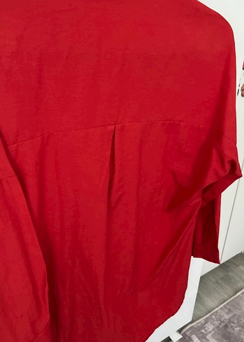 Düğmeli Kırmızı Kadın Keten Gömlek - Görsel 4