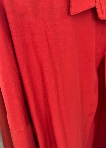 Düğmeli Kırmızı Kadın Keten Gömlek - Görsel 3