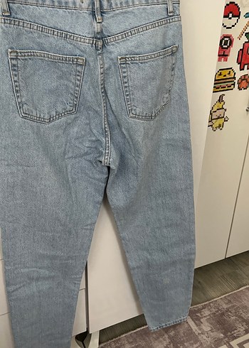 Düğmeli Gri Mavi Kadın Denim Pantolon - Görsel 3