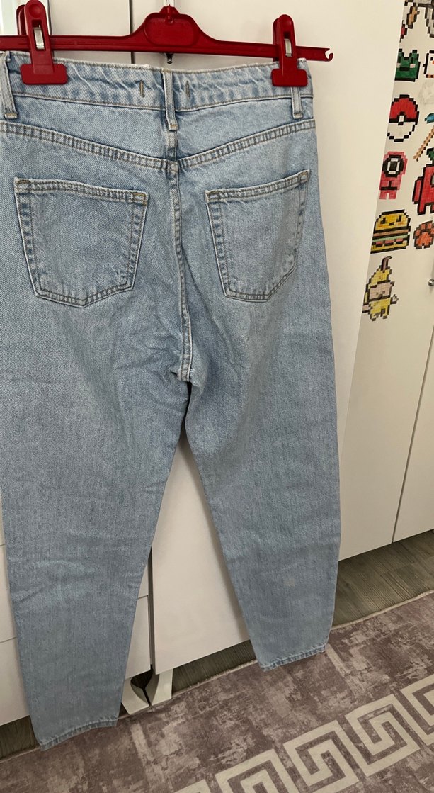 Düğmeli Gri Mavi Kadın Denim Pantolon - Görsel 3