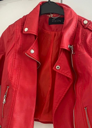 Kadın Parlak Kırmızı Deri Biker Ceket - Görsel 2