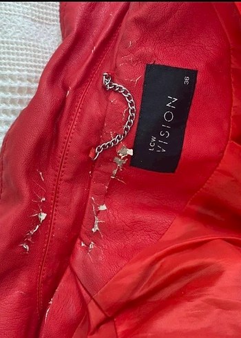 Kadın Parlak Kırmızı Deri Biker Ceket - Görsel 3
