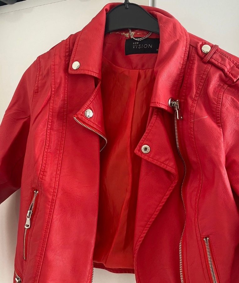 Kadın Parlak Kırmızı Deri Biker Ceket - Görsel 2