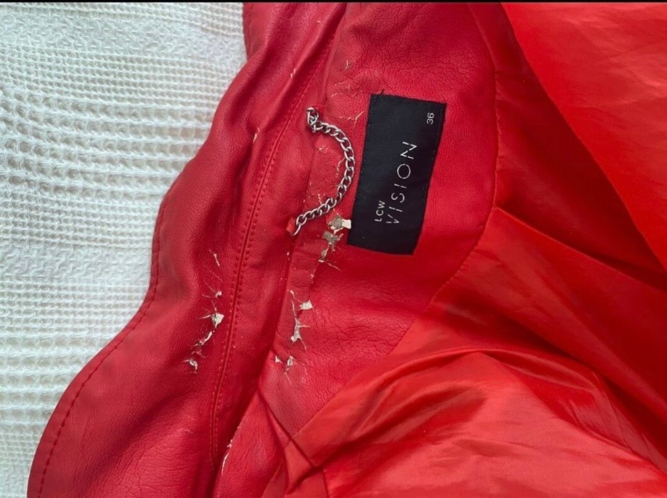 Kadın Parlak Kırmızı Deri Biker Ceket - Görsel 3