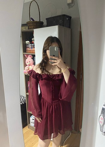 38 Beden Bordo Volanlı Mini Straplez Elbise