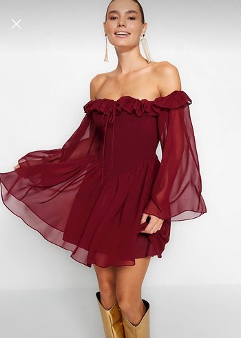 Bordo Volanlı Mini Straplez Elbise