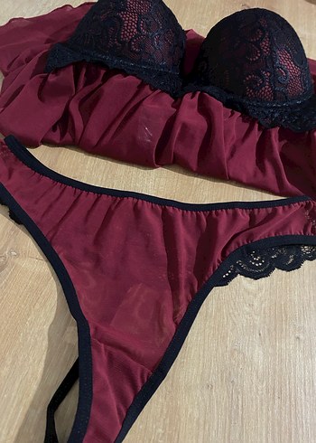 Bordo Uzun İnce Askılı Bohem Kadın iç çamaşır takımı - Görsel 4
