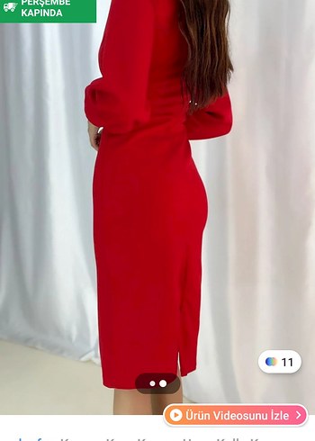 Uzun Kollu Kırmızı Drapeli Kalem Elbise - Görsel 2