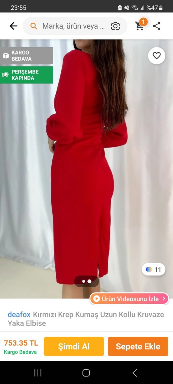 Uzun Kollu Kırmızı Drapeli Kalem Elbise - Görsel 2