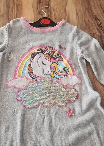 Uzun Kollu Unicorn Kız Elbisesi Gri - Görsel 3