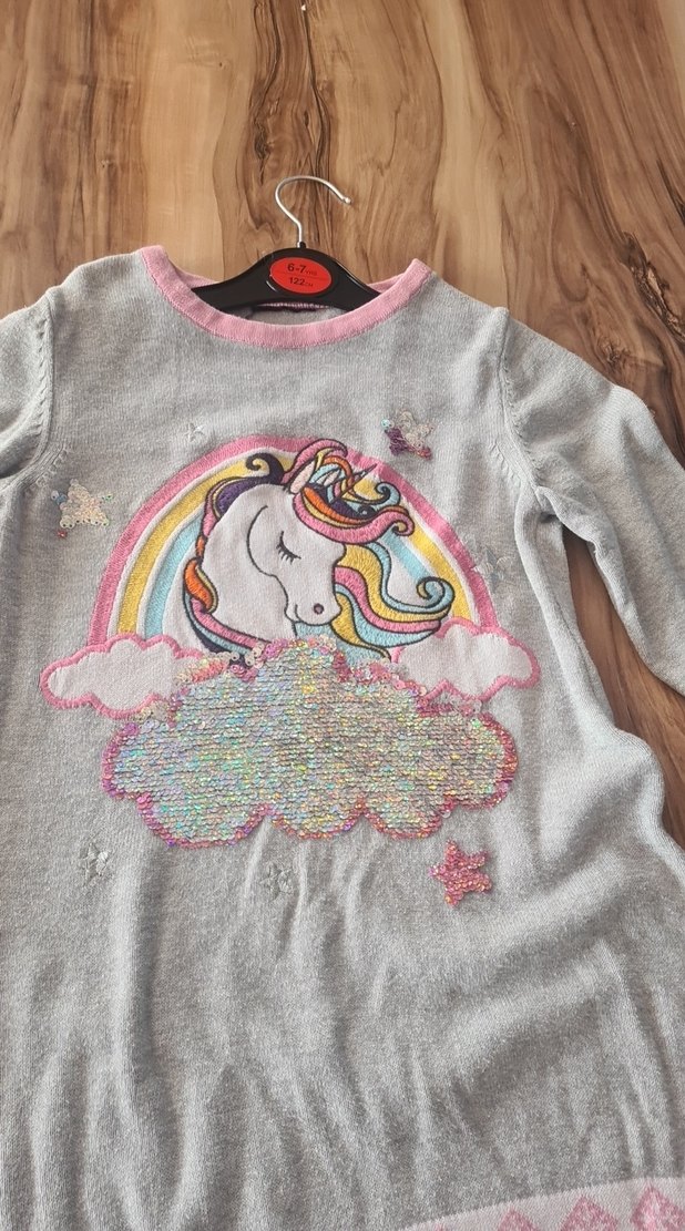 Uzun Kollu Unicorn Kız Elbisesi Gri - Görsel 3