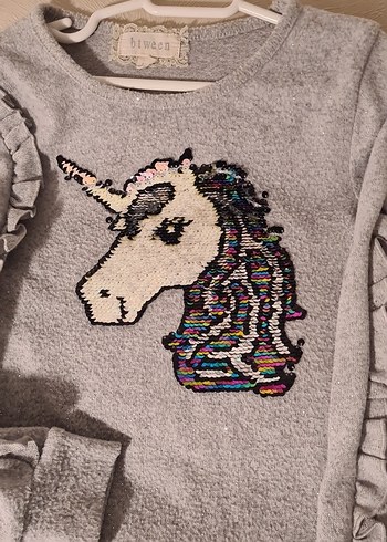 Gri Unicorn Baskılı Kız Triko Elbise - Görsel 5