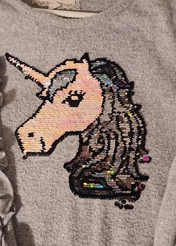 Gri Unicorn Baskılı Kız Triko Elbise - Görsel 4