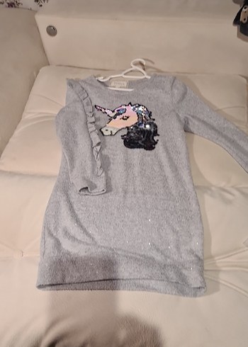 Gri Unicorn Baskılı Kız Triko Elbise - Görsel 2