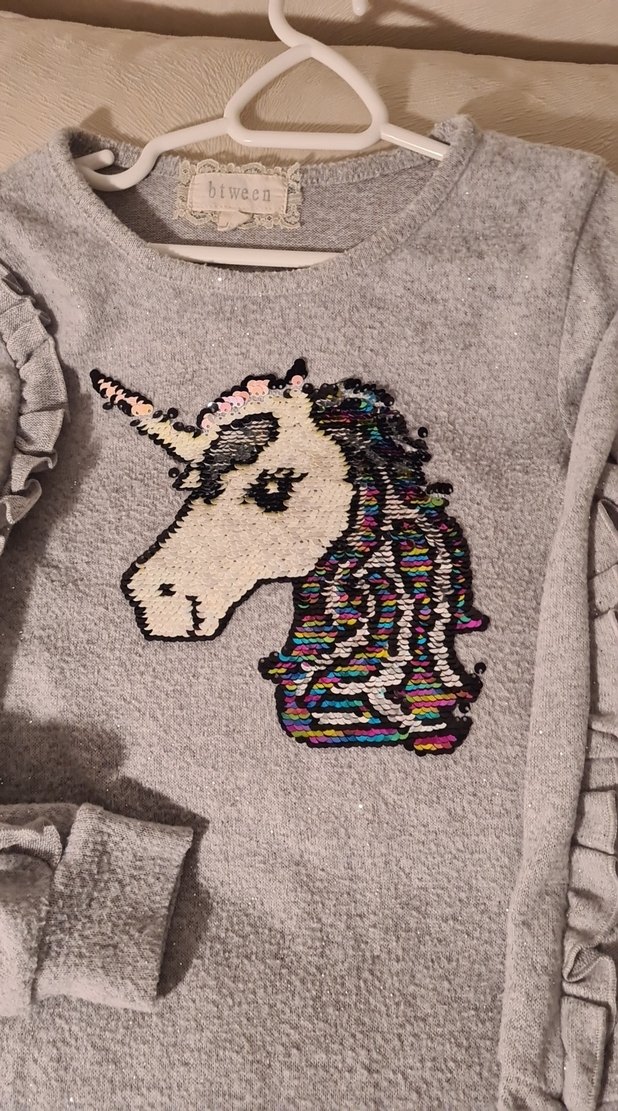 Gri Unicorn Baskılı Kız Triko Elbise - Görsel 5