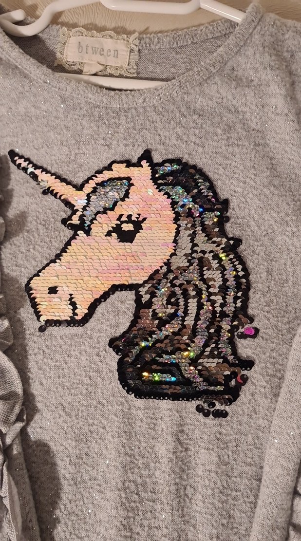 Gri Unicorn Baskılı Kız Triko Elbise - Görsel 4