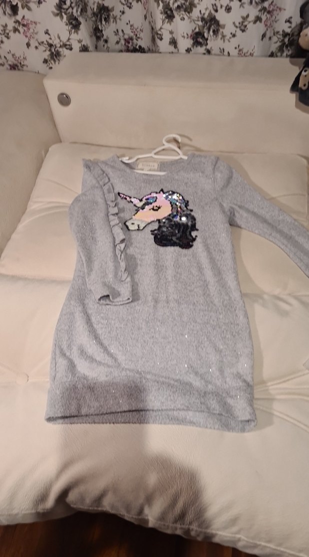 Gri Unicorn Baskılı Kız Triko Elbise - Görsel 2