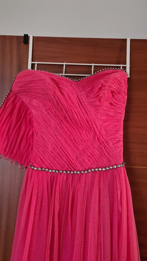 Drapeli Pembe Uzun Abiye Elbise - Görsel 3