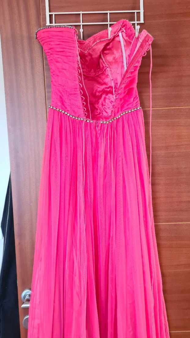 Drapeli Pembe Uzun Abiye Elbise - Görsel 4