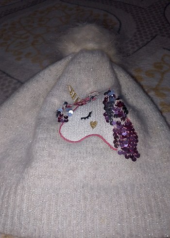 3-5 Yaş, 21 cm Beden Gri Nakışlı Kız Çocuk Triko Bere