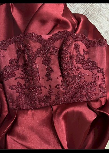 Bordo Uzun Straplez Abiye Elbise - Görsel 3