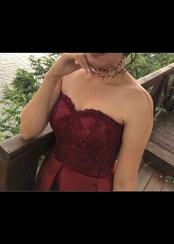 Bordo Uzun Straplez Abiye Elbise - Görsel 2