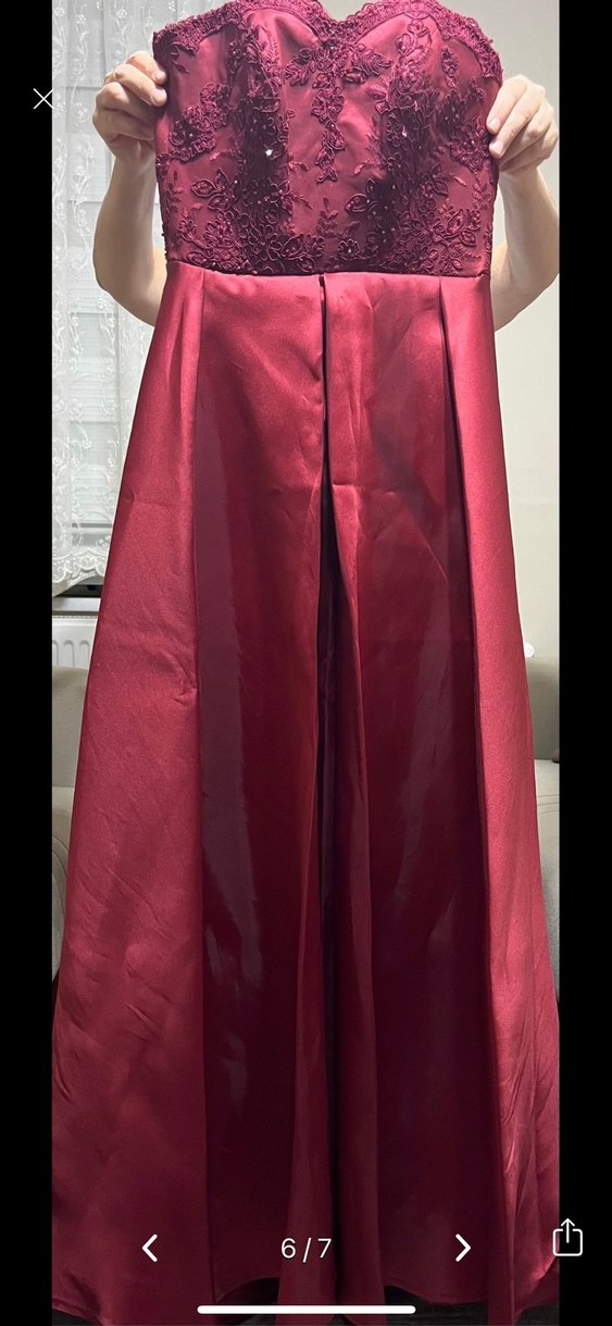 Bordo Uzun Straplez Abiye Elbise - Görsel 5