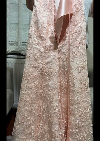 Pudra Dantel İşlemeli Straplez Uzun Abiye - Görsel 5