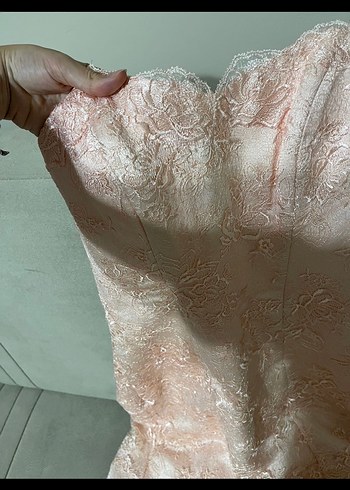 Pudra Dantel İşlemeli Straplez Uzun Abiye - Görsel 3