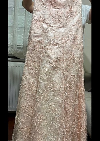 Pudra Dantel İşlemeli Straplez Uzun Abiye - Görsel 4
