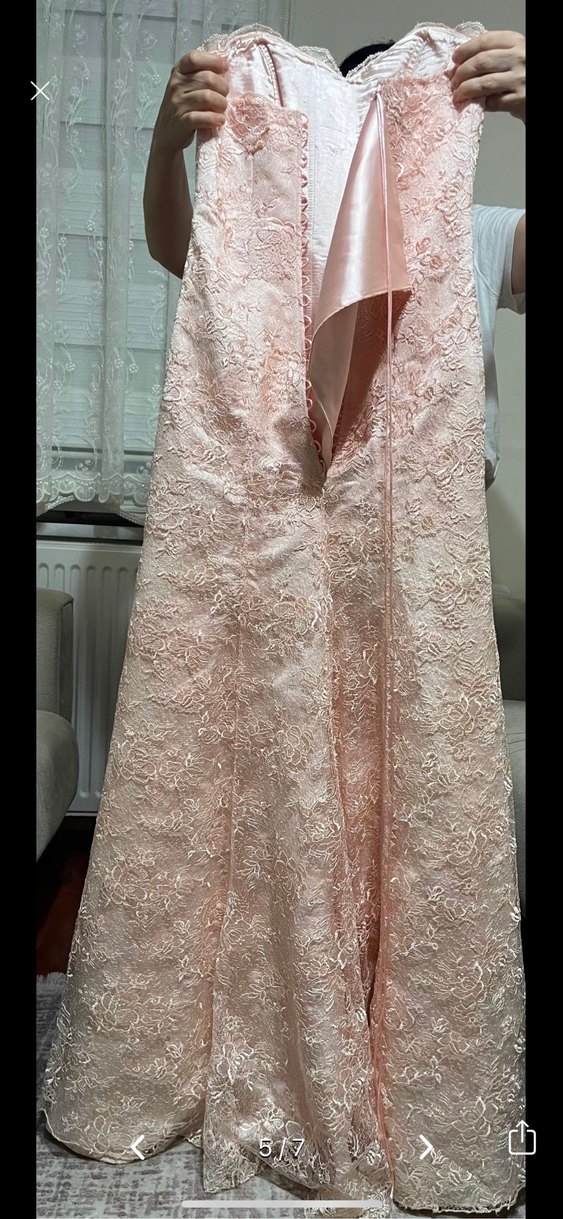 Pudra Dantel İşlemeli Straplez Uzun Abiye - Görsel 5