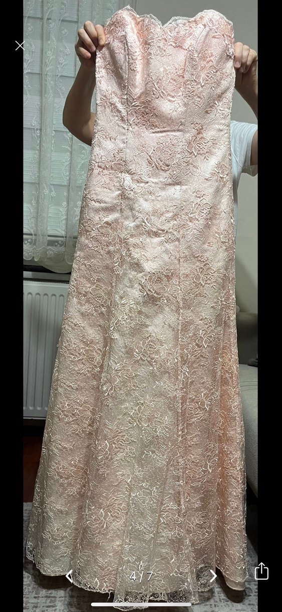 Pudra Dantel İşlemeli Straplez Uzun Abiye - Görsel 4