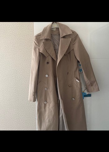 Bej Uzun Kadın Trençkot Çıtçıtlı - Görsel 4