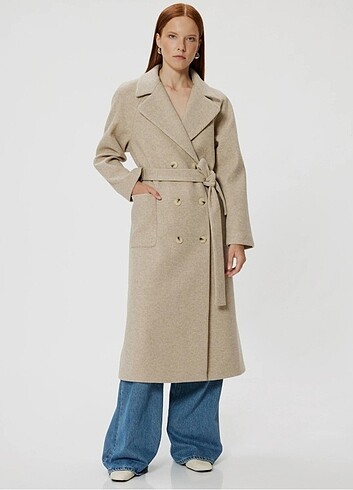 Koton Uzun Kase Kaban Kruvaze Ters Yaka Cepli Kaşe Kaban - Görsel 5