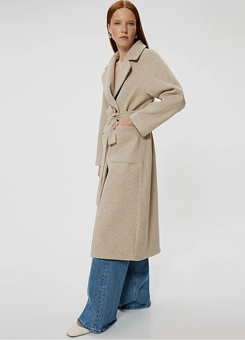 Koton Uzun Kase Kaban Kruvaze Ters Yaka Cepli Kaşe Kaban - Görsel 6