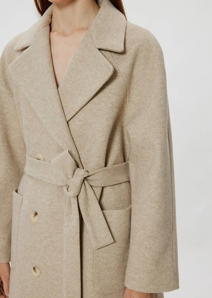 Koton Uzun Kase Kaban Kruvaze Ters Yaka Cepli Kaşe Kaban - Görsel 4