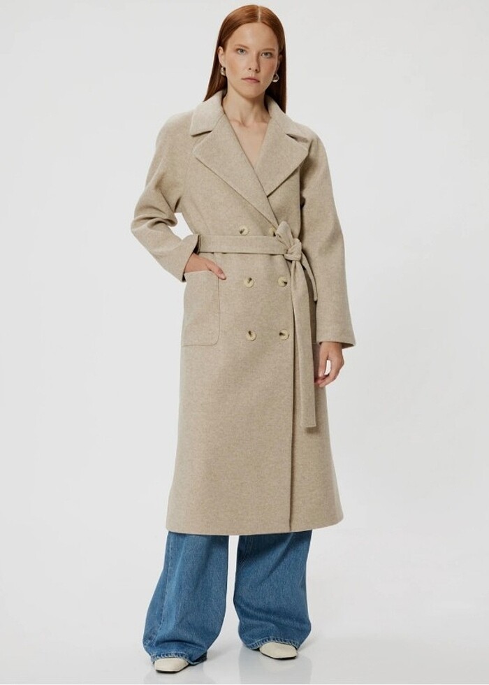 Koton Uzun Kase Kaban Kruvaze Ters Yaka Cepli Kaşe Kaban - Görsel 5