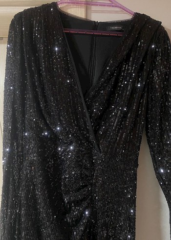 Simli Siyah Uzun Kollu V Yaka Abiye Elbise - Görsel 2