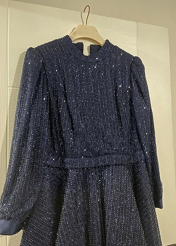 Lacivert Piliseli Uzun Kadın Abiye Elbise - Görsel 3