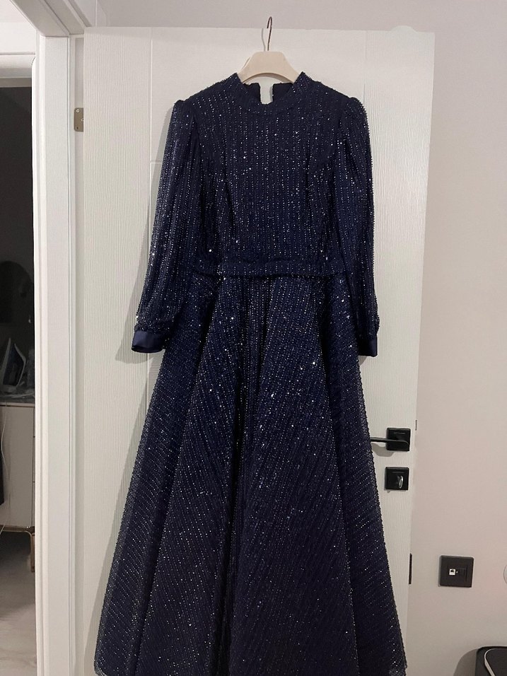 Lacivert Piliseli Uzun Kadın Abiye Elbise - Görsel 2