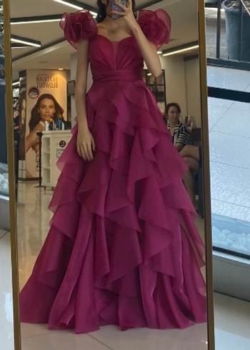 Pembe Uzun Renkli Kadın Abiye Elbise - Görsel 3