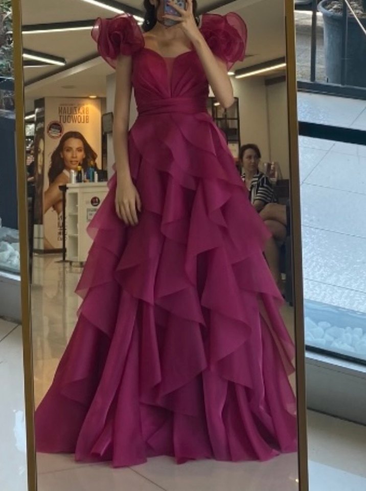 Pembe Uzun Renkli Kadın Abiye Elbise - Görsel 3