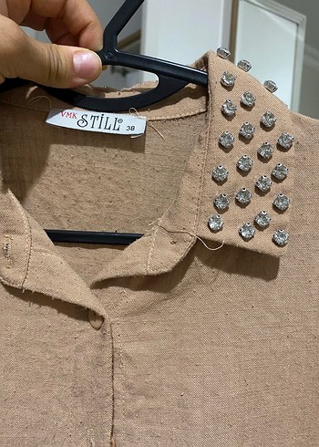 38 Beden camel Renk Bej Düğmeli Keten Vintage Kadın Gömlek